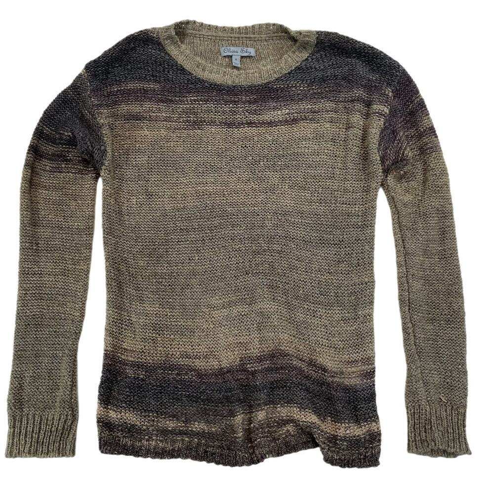 Olivia Sky Space Dye Stripe Knit Sweater Small Women's Neutral Tan Purple Boho